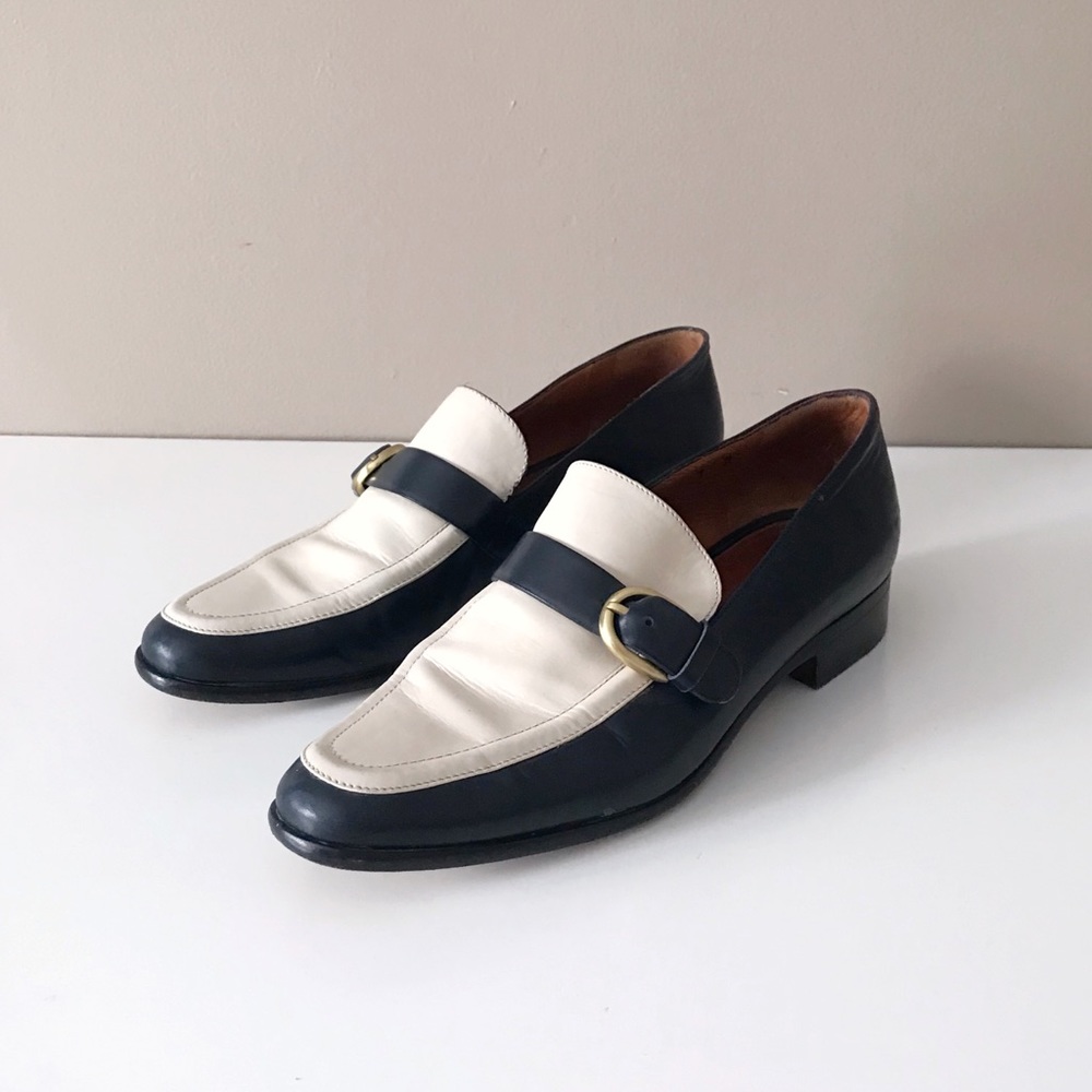 Vintage Coach Leather Loafers Navy & Cream w Gold
